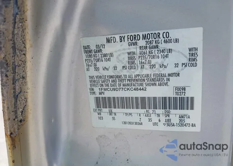 2012 Ford Escape Xlt from USA, damaged, VIN 1FMCU9D77CKC48442